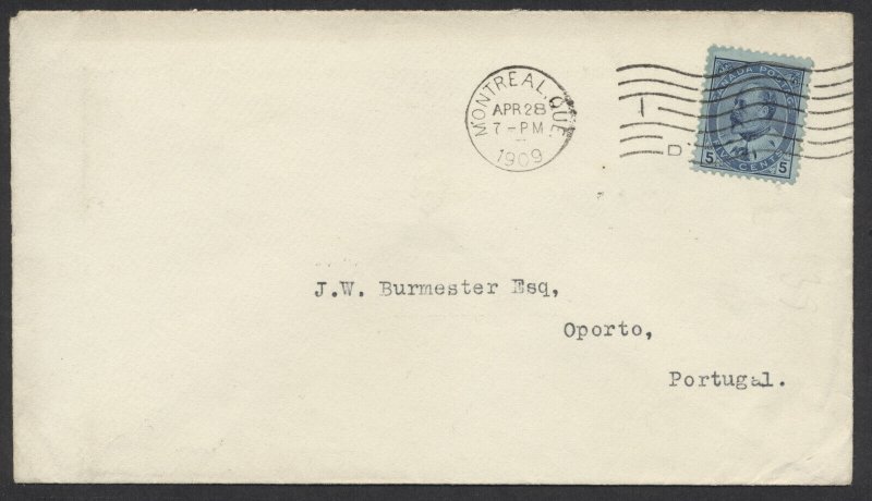 1909 Foreign Destination Cover #91 5c Edward VII Montreal to Portugal Receiver