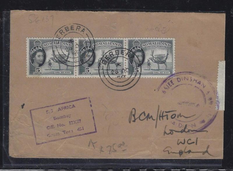 SOMALILAND COVER (P0412B)  1958    QEII  5CX3  BERBERA TO ENGLAND