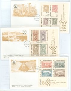 Greece 1832-34 1996 Olympic S/S (set of 3) honoring the Centennary of the re-established games on 3 unaddressed FDCs with matchi