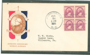 US 784 3c Susan B. Anthony (Suffrage for Women) block of four, on an addressed (typed) FDC with a Plimpton cachet.