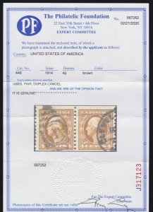 US 446 4c Washington Used Coil Pair w/ PF Cert Duplex Cancel F-VF SCV $425