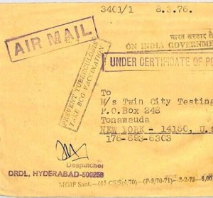 INDIA Official Air Cover Hyderabad *PREVENT TUBERCULOSIS* Slogan 1976 USA PJ298
