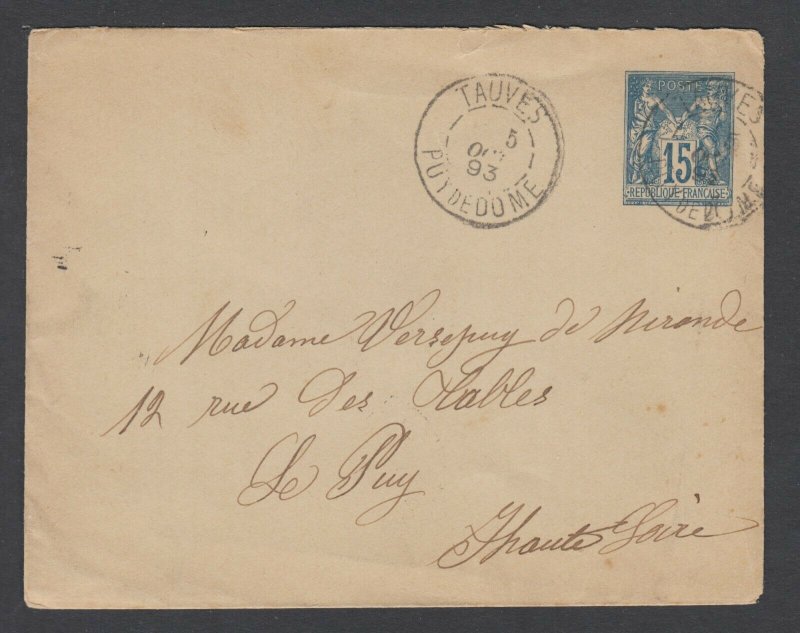 France H&G B2a used. 1893 15c Peace & Commerce, blue on bluish white envelope