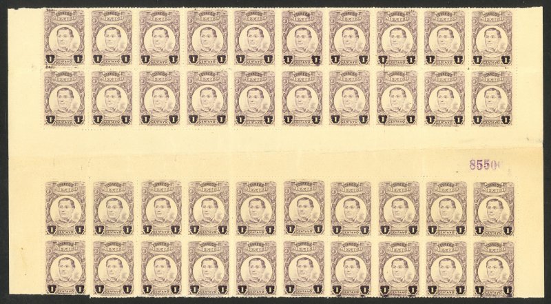 MEXICO 1917-20 1c IGNACIO ZARAGOZA Sc 608 GUTTER BLOCK OF 40 w Sheet Number MNH