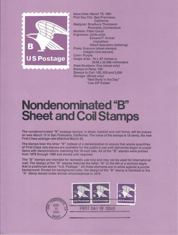 US SP485 B Nondenominated booklet pane Souvenir Page #1819a