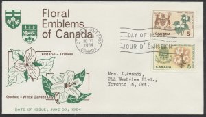 1964 #418-419 Ontario-Quebec Floral Emblem Combo FDC Unusual Cachet Ottawa