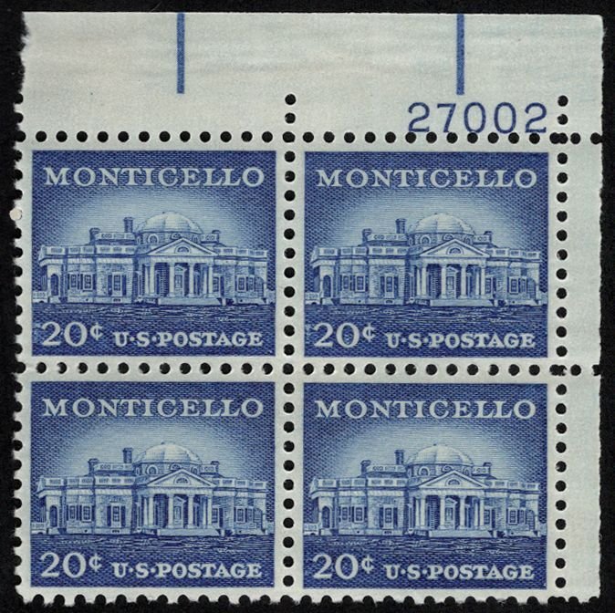 US #1047 PLATE BLOCK, VF/XF mint never hinged, 20c Monticello, post office fr...