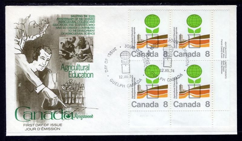 Canada 640 Agricultural Education Plate Block Kingswood U/A FDC