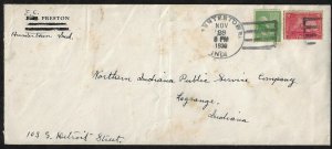 US 1939 HUNTERTOWN IND COVER FRANKED 1c & 2 CENTS DOCUMENTARY REVENUE USED AS