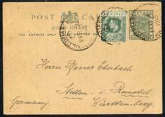 Gold Coast 1913 QV 1/2d p/stat card to Germany bearing ad...