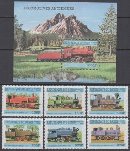 BENIN Sc# 1073-9 CPL MNH SET of 6 DIFF + ONE SOUVENIR SHEET STEAM LOCOMOTIVES