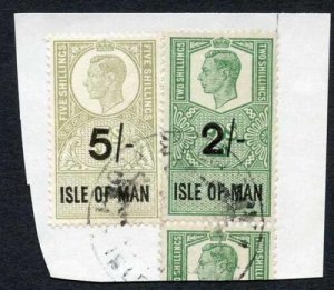 Isle of Man KGVI 2/- + 5/- Key Plate Type Revenues CDS on Piece 