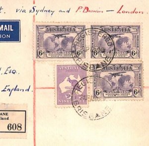 AUSTRALIA Air Mail 9d ROO Cover 2nd Flight Brisbane Reg'd 1931 GB Salcombe YM122