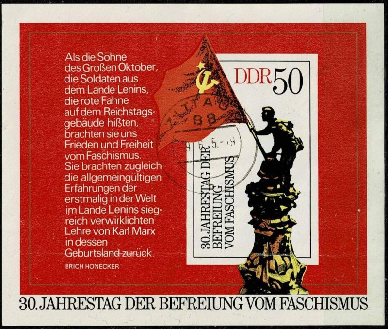 DDR 1975,Sc.#1643 used souvenir sheet, 30th anniv. of liberation of fascism