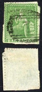 Barbados SG13 (1/2d) yellow-green pin perf 14 Cat 450 pounds