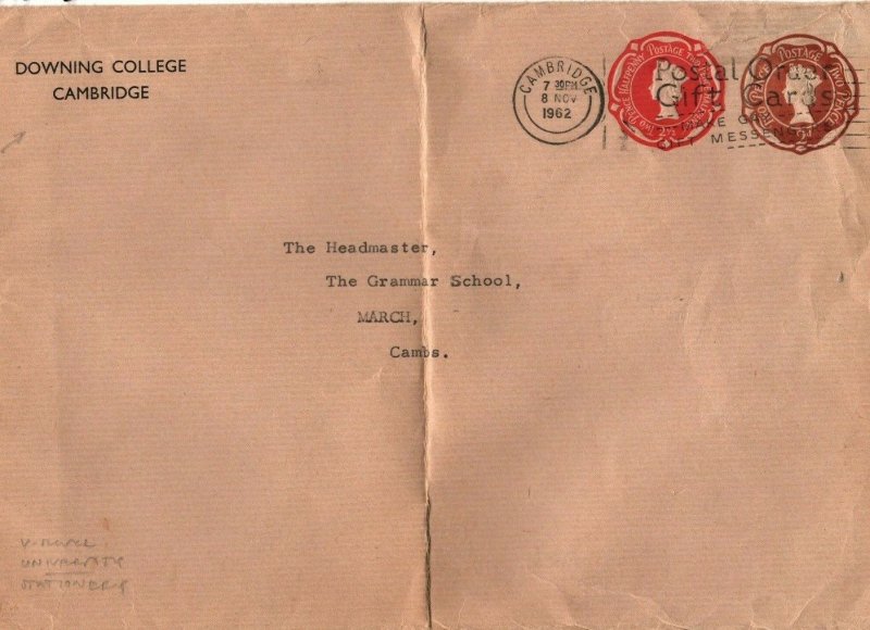 GB Cover Cambridge University RARE COLLEGE STATIONERY Downing 1962 EB239