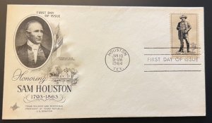 SOLDIER/STATESMAN SAM HOUSTON JAN 10 1964 HOUSTON TX FIRST DAY COVER (FDC) BX2