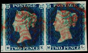 GB 1840 SG4, 2d deep FULL blue, FINE USED. Cat £2200. RED MX. PAIR. MK ML