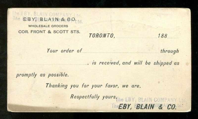 2033 - TORONTO 1880s Postcard. Eby, Blain & Co Wholesale Grocers