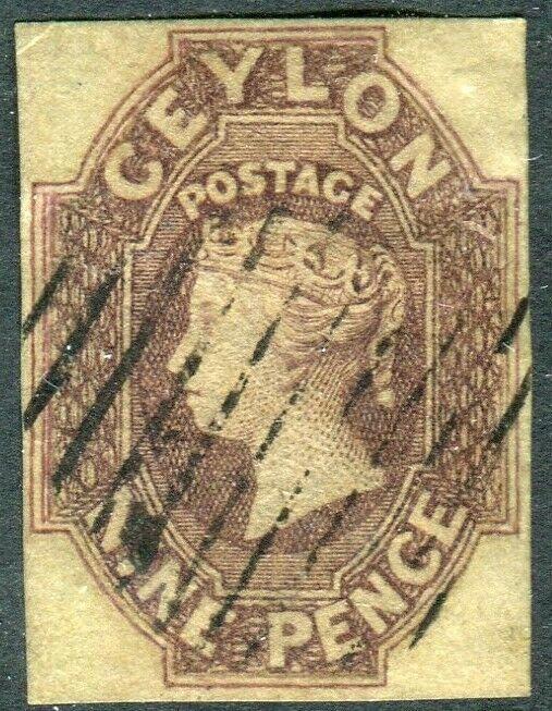 CEYLON-1859 9d Purple-Brown.  A fine used 4 margin example Sg 8