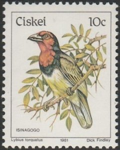 South Africa-Ciskei #14 1981 10c Black-bearded Barbet MNH.