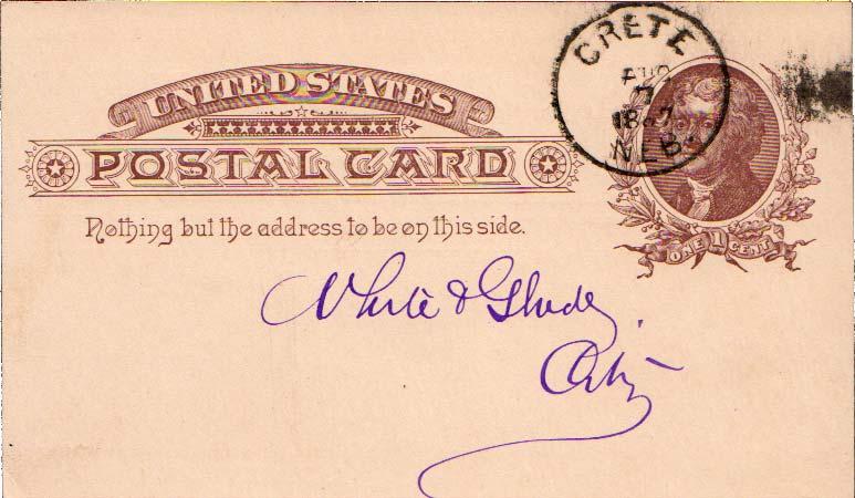 United States Nebraska Crete 1887 cork killer  Postal Card.