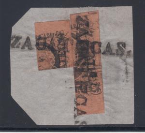 Mexico Sc 11b, 11c bisect & quadrisect on piece, ZACATECAS cancels, MEPSI Cert.