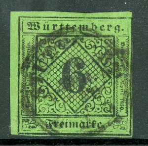 Germany States 1851 Wurttemberg 6 Kr Black/Green Scott #4 VFU G353