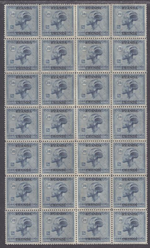 Ruanda Urundi Sc 32 MNH. 1927 1.50fr Native, Type F ovpt, Block of 28