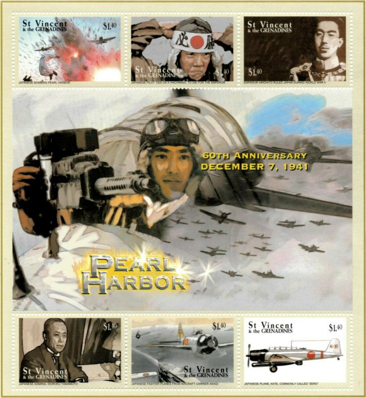 St. Vincent 2001 - SC# 2985 Pearl Harbor, Japan Attack - Sheet of 6 Stamps - MNH