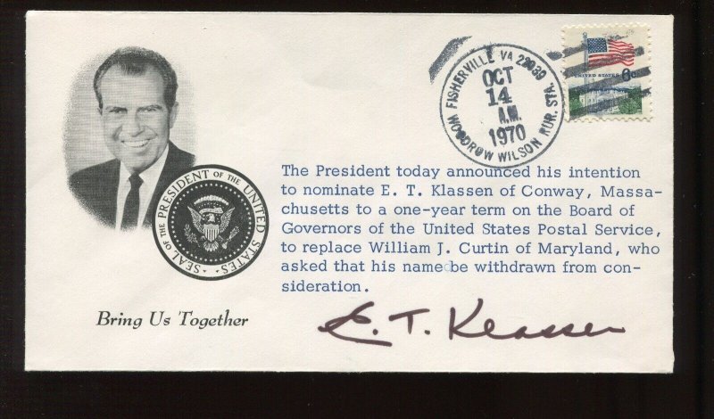 E T KLASSEN NOMINEE TO USPS BOARD OF GOVERNORS SIGNED 1970 NIXON COVER (LV 498)