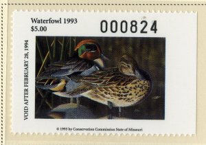 US MO15 MISSOURI STATE DUCK STAMP 1993 MNH SCV $7.50 BIN $4.00