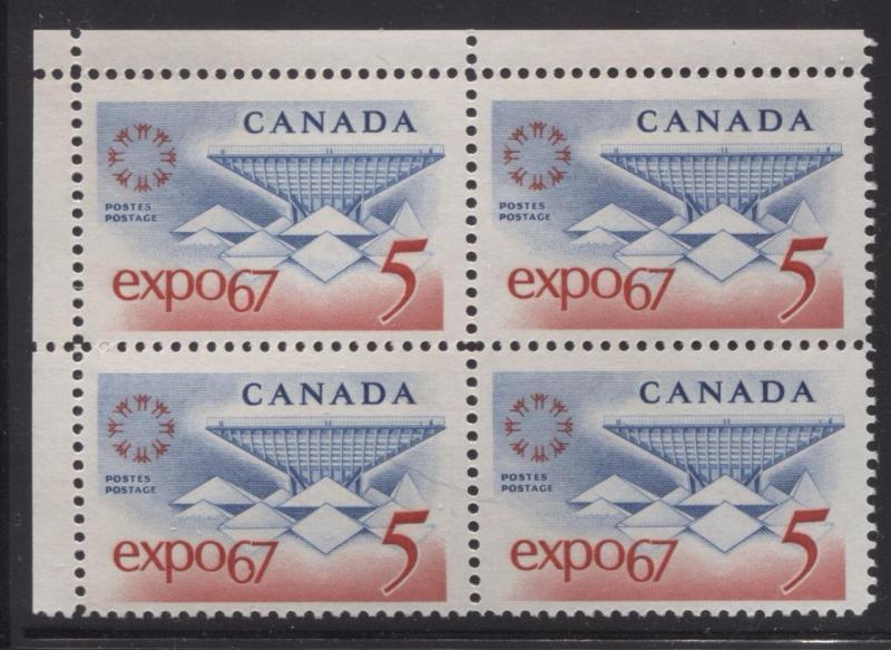 Canada #469 5c Blue and Red Expo 67 DF-fl GW, LF, VF, Strk Gum UL Block F-70 NH