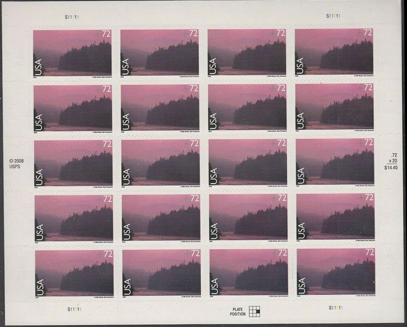 13 Mile Woods Sheet of Twenty 72 Cent Airmail Postage Stamps Scott C144