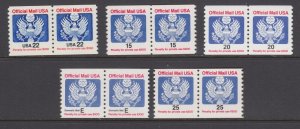 US Sc O135/O141 MNH. 1983-88 Official stamps, 5 different coil pairs , fresh, VF