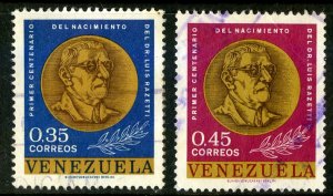 VENEZUELA 843-4 USED BIN .60 COIN ON STAMP