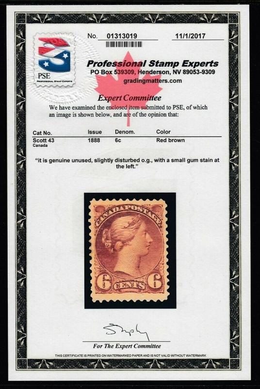 #43  6c Victoria - Nice (Mint HINGED) PSE Certified  cv$240.00