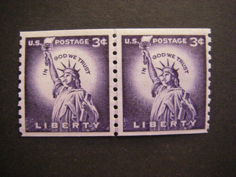 Scott 1057a, 3 cent Liberty, Line Pair, small hole dry print, MNH Liberty Beauty