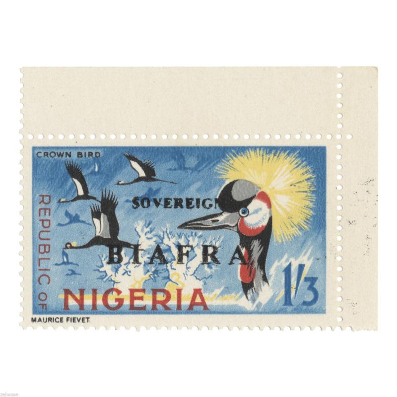 Biafra 1968 (MNH) 1s 3d Crowned Cranes with red bars and crest overprint missing