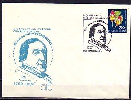 Romania, FEB/92 issue. Composer Rossini cancel  on a Cachet cover.