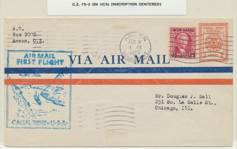 CANAL ZONE 1929, 1st FLIGHT TO USA (F5-2), 2c ENVELOPE (UC2a)+25c AIRMAIL