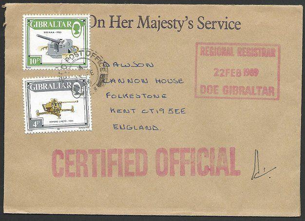 GIBRALTAR 1989 OHMS cover, stamped + FPO cancel, Certified Official........47982