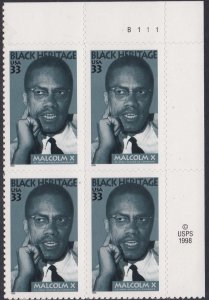 3273 Malcolm X Plate Block MNH
