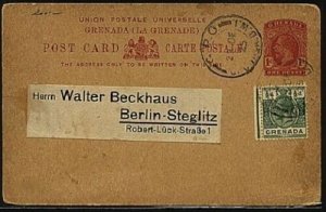 GRENADA 1925 GV 1d postcard uprated, used to Germany.......................19072 