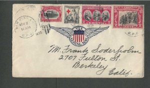 1932 8c Airmail From NY On Cover w/four commemorative Stamps In Red & Black-----