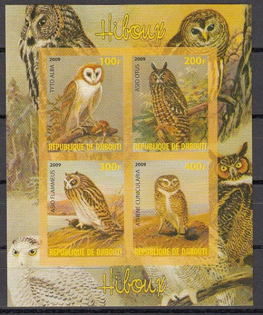 Djibouti, 2009 Cinderella item. Various Owls, IMPERF sheet of 4. ^