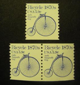 Transportation Coils, Scott 1901, 5.9c Bicycle, Pair & single, MNH Beauties