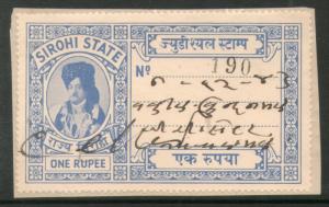 India Fiscal Sirohi State Re. 1 King Type 15 KM 155 Court Fee Stamp Used # 40...