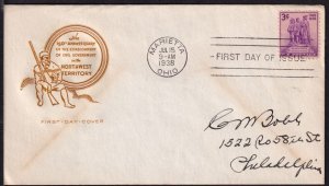 1938 Northwest Territory Sc 837-15a FDC House of Farnam cachet, Marietta OH