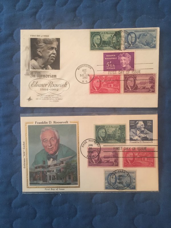 2 FDC FDR and E Roosevelt - 5 stamp combo